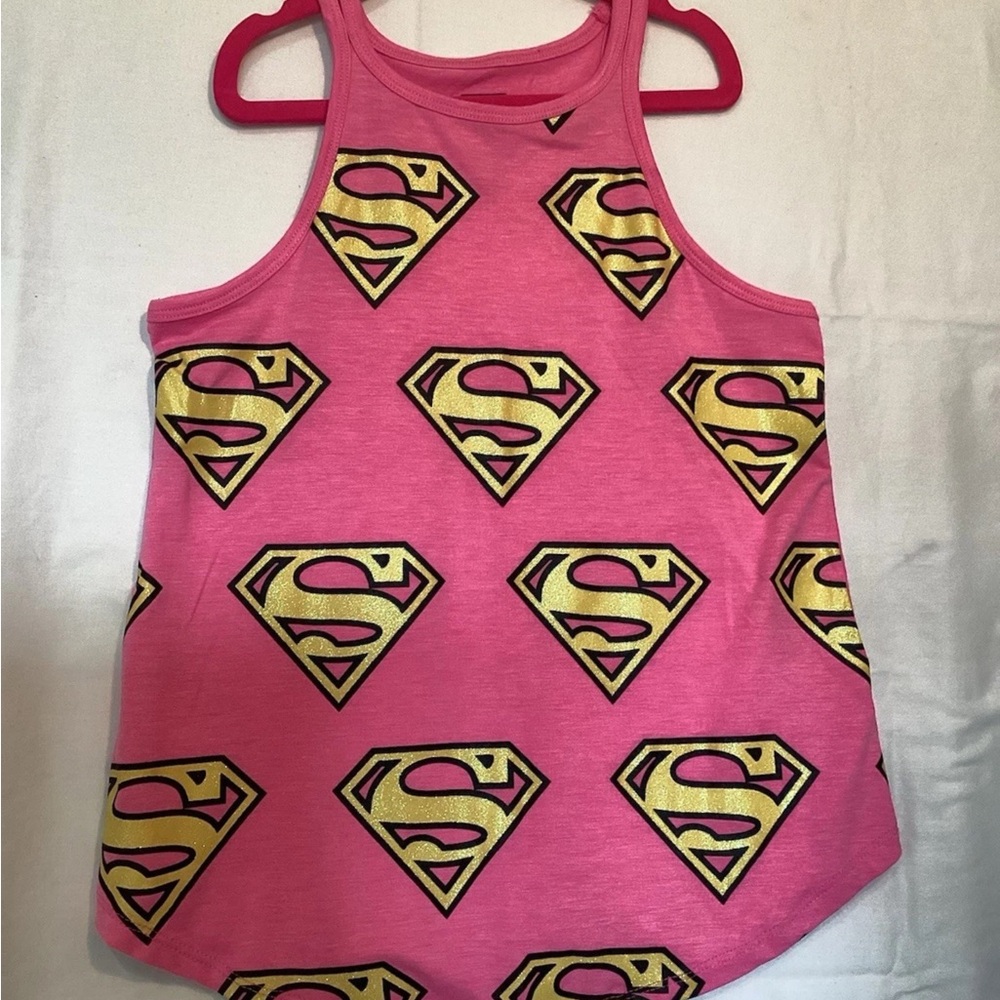 Super Girl Pink Girls  Tank Top with Yellow Superhero Logos New